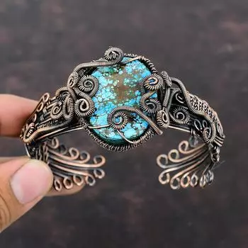 Тибетский браслет-манжета с бирюзой, медная проволока, ювелирные изделия, регулируемая манжета, браслет ручной работы с драгоценными камнями, медная проволока, браслет, подарок для женщин