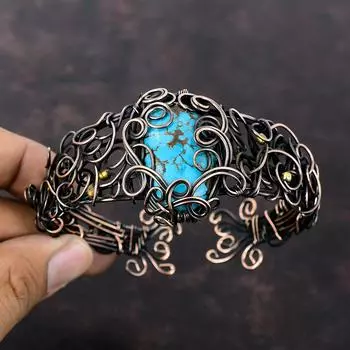 Тибетский браслет-манжета с бирюзой, медная проволока, регулируемый браслет, браслет из натурального драгоценного камня, медная проволока ручной работы, ювелирное изделие, подарок для нее
