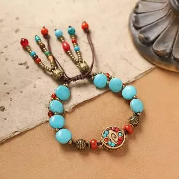 Тибетский браслет ручной работы в ретро-стиле, двухслойный плетеный, с непальскими бусинами, оригинального дизайна, мужской и женский браслет на шнурке, экзотический этнический стиль 1-Blue Stone Xiangyun Copper Bead