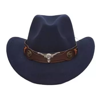 Тибетский цилиндр, ковбойская шляпа в стиле вестерн, аксессуары для головы быка, фетровая шляпа, знаменитая джазовая шляпа с завитыми краями тёмно-синий