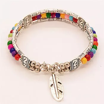 Тибетский серебряный браслет с перьями женский цыганский бирюзовый винтажный богемный браслет разноцветный