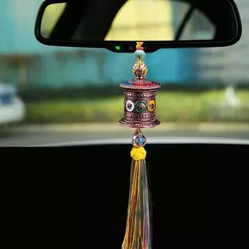 Тибетский стиль Благоприятный автомобильный кулон Сплав Молитвенное колесо Цветная кисточка Автомобильное зеркало заднего вида Подвеска Аксессуары для салона автомобиля