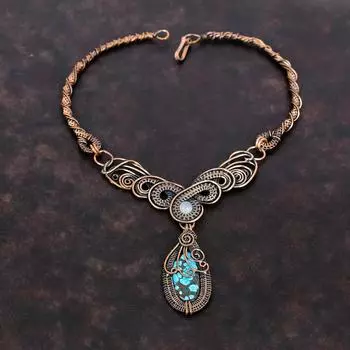 Тибетское бирюзовое ожерелье, ожерелье из медной проволоки, ювелирные изделия ручной работы из драгоценных камней, ожерелье из радужного лунного камня, подарок для мамы, ювелирные изделия из проволочной обмотки