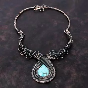 Тибетское бирюзовое ожерелье, ожерелье из медной проволоки, регулируемое ожерелье, чудесные медные украшения, ожерелье из драгоценных камней ручной работы, свадебный подарок