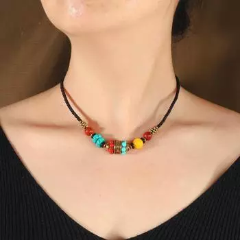 Тибетское ретро непальское медное ожерелье из бусин женское летнее плетеное колье цепочка средней длины на шею с украшениями