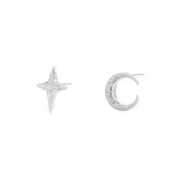 Tide Asymmetric Star Moon Stud Earrings Women Glittering Sand Craft Sparkling Earrings Compact copper