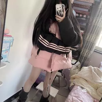 Tide бренд зимняя утолщенная пуховая куртка женская ретро хлопковая куртка сшивание контрастных цветов куртка теплая белая утиная пуховая куртка ins tide S recommends 75-50 kg белый