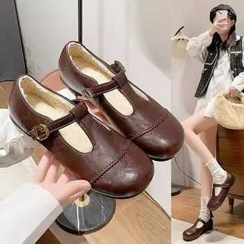 Tide Bunan~ Super Soft Retro Flat Bottom One-word Button Small Leather Shoes Women s Autumn and Winter Plush Warm Single Shoes Fluffy Shoes 35 коричневый