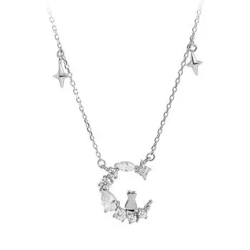 Tide Flash Diamond Cat Necklace Female Simple Student Personality Mori Moon Rabbit Collarbone Chain Cold Wind (White gold + with chain)