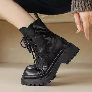 Tide is not south~ soft sheepskin British style lace-up Martin boots women s thick soles 2024 autumn and winter new soft leather brown short boots 35