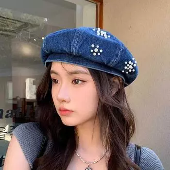 Tide ковбойский берет женский сладкий жемчуг интернет знаменитость лицо маленькая шляпа художника 2024 новая шляпа bud женский Adjustable синий
