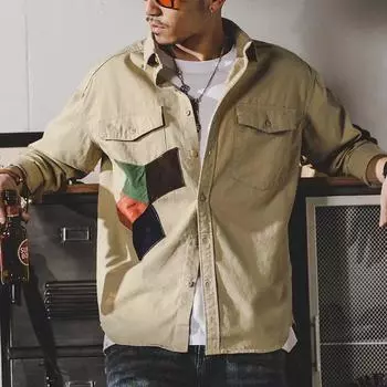 Tide молодежная свободная повседневная рабочая одежда с длинными рукавами, весна-осень, универсальная рубашка в японском гонконгском стиле, мужская куртка M армия зеленый