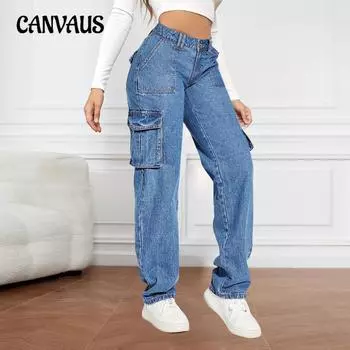 Tide Retro джинсы средней талии с несколькими карманами для рабочей одежды женские повседневные прямые брюки S синий