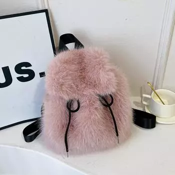 Tide Vintage Plush Backpack Fashion Рюкзак для девочек-студентов Школьная сумка на шнурке розовый