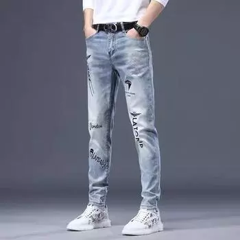 Tide весна-лето, новый индивидуальный значок, горячие джинсы, мужские трендовые эластичные тонкие маленькие брюки 28 синий
