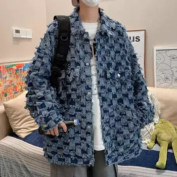 Tide Youth Популярная литературная куртка с острым вырезом в клетку для мужчин, универсальная, с длинными рукавами, стандартная, ленивая, трендовая M