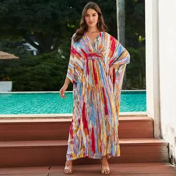 Пляжные платья Tie Dye, женские кафтаны, вышитые рукава «летучая мышь», накидки для купальников, летние праздничные купальные костюмы One Size розовый