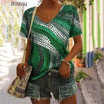 Женские футболки с принтом в виде градиентных точек и узором тай-дай с 3D-принтом, с коротким рукавом и V-образным вырезом, в уличном стиле, свободные повседневные летние свитера, топы S