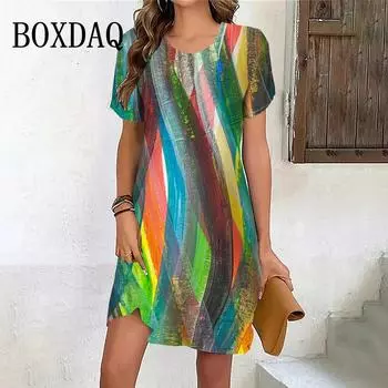 Tie Dye красочные картины полосатое платье женское 3D принт с коротким рукавом мини платье повседневный пуловер свободные женские новые ретро платья S
