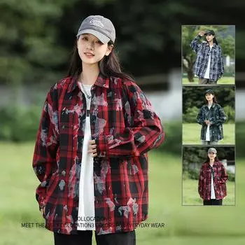 Tie-dye Plaid Long-sleeved Shirts for Men and Women, Autumn New Trendy Hong Kong Style Casual Jackets, Youth Tops M