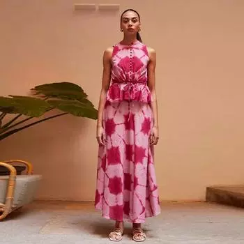 Жилет с принтом тай-дай, юбки, костюмы, женские, розовые, без рукавов, однобортные, майка, высокая талия, юбка А-силуэта, летний наряд S