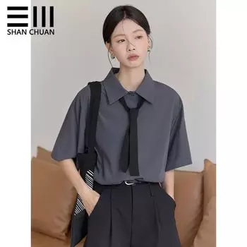 Tie Shirts Women s Short Sleeve New Summer Korean Style Loose Grayish Purple Solid Drape Casual Lapel Half Sleeve Shirt Fashion