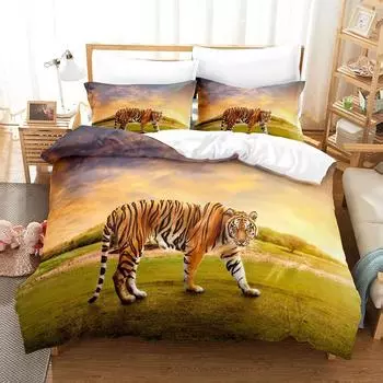 Tiger Bedding Set Soft Polyester Soft Velvety Washable Jungle Theme Duvet Cover Leopard Luxury for Boys Gift Bedroom Decoration Duvet&EU Twin 135x200c