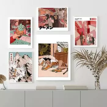 Tiger Canvas Painting Wall Art Abstract Sunset Canvas Painting Woman Clink Posters and Prints for Living Room Home Decoration 21x30cm No Framed