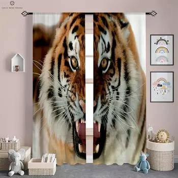 Tiger Cheetah Animal 3D Printing Curtains, Polyester Fiber, Bedroom, Living Room, Study, Kitchen, Window Decoration, 2 Pcs W50xH130(CM)x2PCS&Rod pocket