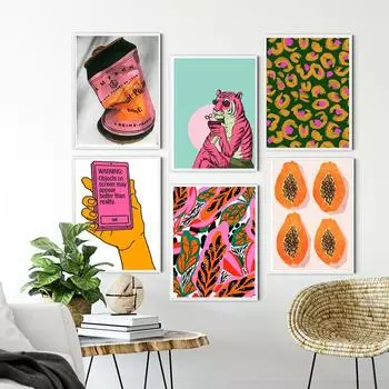 Tiger Drinking Drinks Papaya Leaves Cans Pink Aesthetic Art Canvas Painting Nordic Posters And Prints Modern Wall Picture Decor 21x30cm No Framed