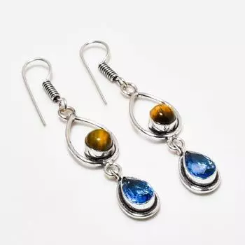 Ювелирная серьга с тигровым глазом и голубым топазом, посеребренная 925 пробы, 2,38 дюйма