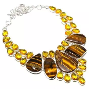Tiger Eye, Citrine handmade 925 Sterling Silver Jewelry Necklace 18 g3k14