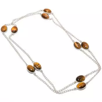 Tiger Eye Gemstone 925 Sterling Silver Jewelry Necklace 36 i6R19 жёлтый