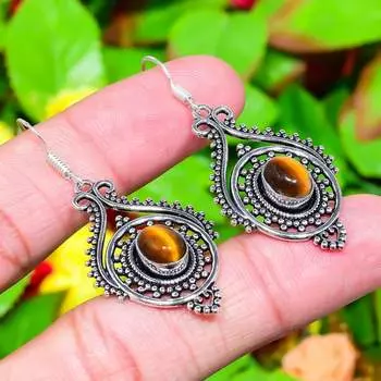 Tiger Eye Gemstone Handmade 925 Sterling Silver Jewelry Earring 2.05 w0l00