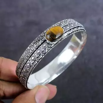 Tiger Eye Gemstone Handmade 925 Sterling Silver Cuff Bangle 7 E4p46