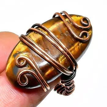 Кольцо из медной проволоки с драгоценным камнем тигровый глаз, размер 8