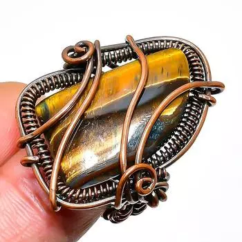 Кольцо из медной проволоки с драгоценным камнем тигровый глаз, размер 8