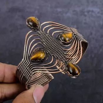 Tiger Eye Gemstone Handmade Copper Wire Wrap Cuff Bangle Adjustable g1H52