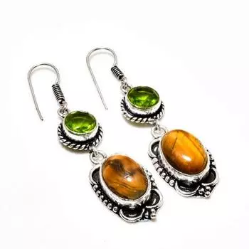 Ювелирная серьга с тигровым глазом и драгоценным камнем перидот, посеребренная 925 пробы, 2,08 дюйма