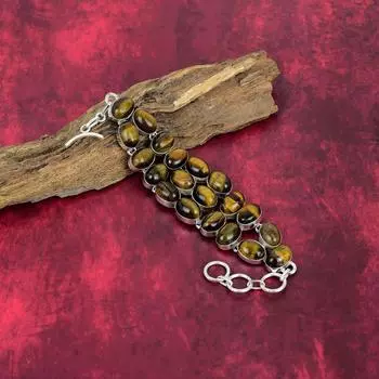 Браслет из стерлингового серебра 925 пробы с тигровым глазом, регулируемый, цепочка, ювелирные изделия ручной работы, драгоценный камень, подарок маме, антикварные ювелирные изделия Adjustable with 8 inches жёлтый