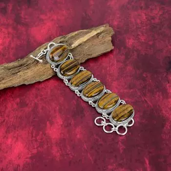 Браслет из стерлингового серебра 925 пробы с тигровым глазом, регулируемый, цепочка, ювелирные изделия ручной работы, драгоценный камень, подарок маме, антикварные ювелирные изделия Adjustable with 8 inches жёлтый