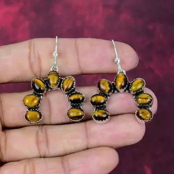 Tiger s Eye Earrings, Gemstone Handmade Solid 925 Sterling Silver Earring Jewelry, For Memorial Day 1.85 Inches