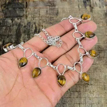 Серебряное ожерелье с тигровым глазом, натуральное ожерелье с тигровым глазом, ожерелье с драгоценными камнями, ювелирные изделия из стерлингового серебра 925 пробы, изящное ожерелье с кристаллами из серебра 925 пробы для нее 20 коричневый