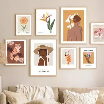 Тигр Африканская женщина Цветок Тропические растения Настенная живопись Печать на холсте Картина скандинавский постер Абстрактные картины для декора гостиной 21x30cm No Framed
