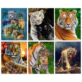Тигр Аниме Мультфильм Алмазная картина 5d Полный круглый 35x35CM Алмазная мозаика 20x15CM разноцветный