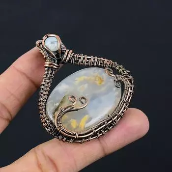 Тигр Дендрит Драгоценный камень Чистая медная проволока Обернутая подвеска ручной работы Ювелирные изделия 2.44 Inches жёлтый