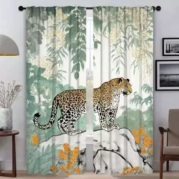 Тигр и цветы кухонные шторы для гостиной занавеска перегородка тюль для спальни Хэллоуин украшения затемнение ребенок W50xH70cmx2pcs-CL
