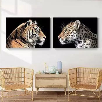 Тигр Леопард Голова Льва Животные Холст Стена Черно-белое Искусство В Темноте Поп Прохладное Искусство Современная Живопись Домашние Картины Украшения Плакаты Принты 20x30cm No Frame белый
