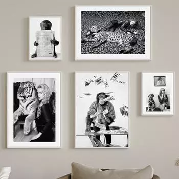 Тигр Леопард Красавица и чудовище Черно-белые постеры на скандинавскую тему и принты, настенная живопись на холсте, украшения, фотографии для гостиной A4 21X30cm No Framed