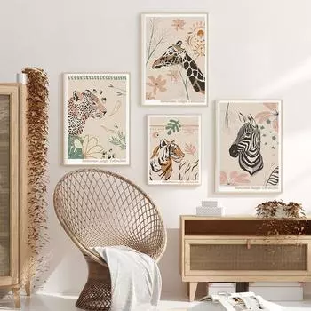 Тигр, Леопард, Олень, Зебра, постер, винтажный стиль, художественный принт, холст с изображением животных, современная настенная картина для декора спальни 21x30cm No Framed